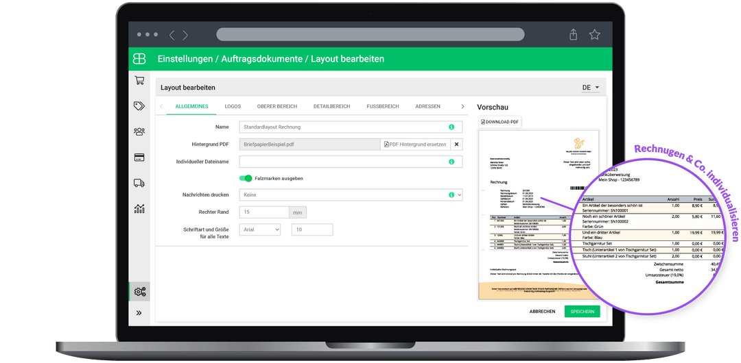 billbee einrichtungsservice – layout &uuml;bersicht screenshot